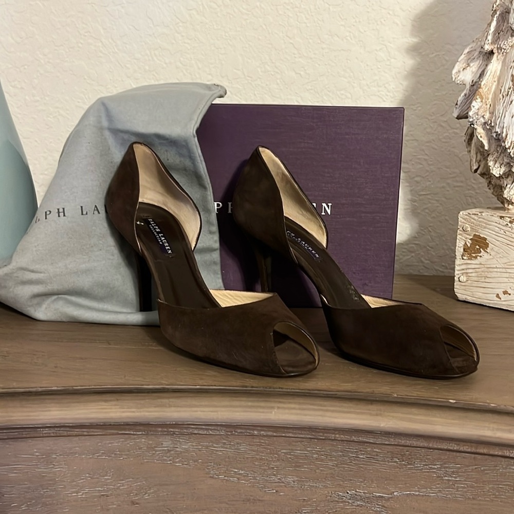 Ralph Lauren Collection brown suede peep too heels size 9.5